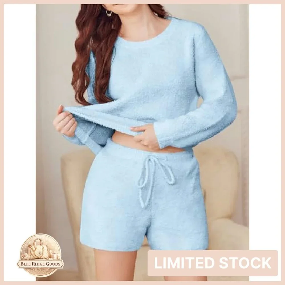 Fuzzy Fleece Pajama Set Cozy Lounge Wear Long Sleeve Top Shorts Comfy